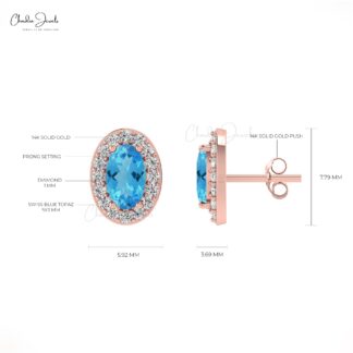 Real 14k Rose Gold Stud Earrings Natural Swiss Blue Topaz and 1mm Round Diamond Halo Studs