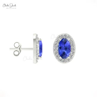Oval-Cut 0.48ct Tanzanite Earrings with Diamond Halo in 14k Solid Gold Bridesmaid Gift