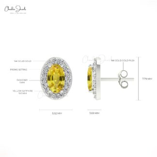 Genuine Diamond Halo & 0.54ct Yellow Sapphire Earrings 14k Solid Gold Handcrafted Studs