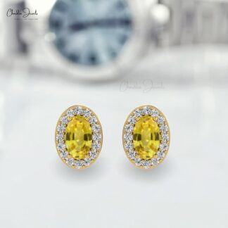 Genuine Diamond Halo & 0.54ct Yellow Sapphire Earrings 14k Solid Gold Handcrafted Studs