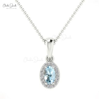 Genuine 14K Gold Oval Aquamarine & Diamond Halo Pendant