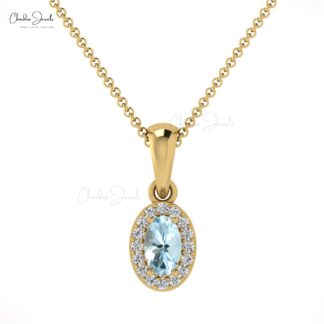 Genuine 14K Gold Oval Aquamarine & Diamond Halo Pendant