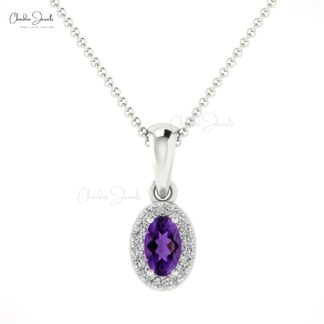 Natural Amethyst Halo Charm With 5x3mm Oval Gemstone And Diamond 14k Gold Pendant