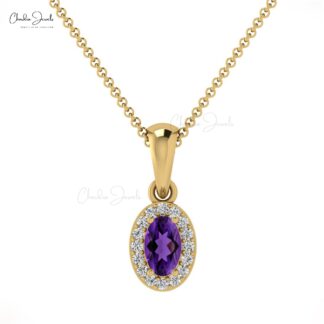 Natural Amethyst Halo Charm With 5x3mm Oval Gemstone And Diamond 14k Gold Pendant