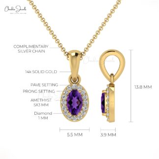 Natural Amethyst Halo Charm With 5x3mm Oval Gemstone And Diamond 14k Gold Pendant