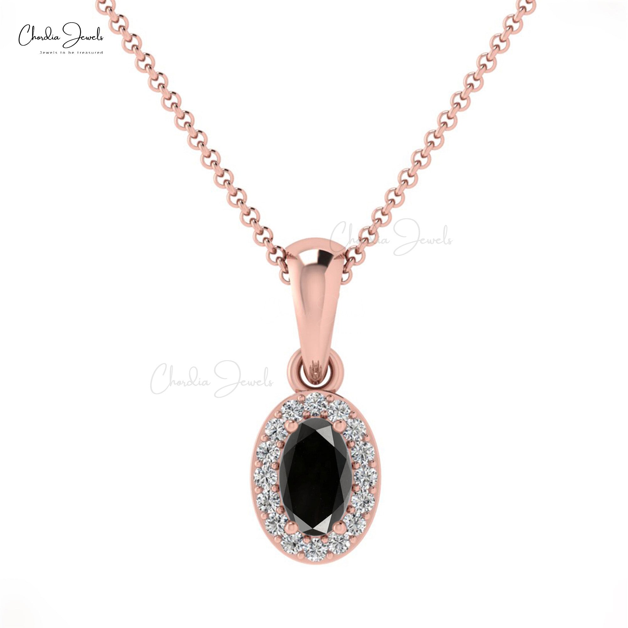 Dangle Wedding Pendant In 14k Real Gold Oval Black Diamond & Halo G-H Diamond Necklace