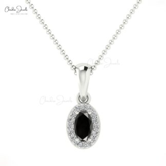 Dangle Wedding Pendant In 14k Real Gold Oval Black Diamond & Halo G-H Diamond Necklace
