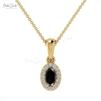 Dangle Wedding Pendant In 14k Real Gold Oval Black Diamond & Halo G-H Diamond Necklace