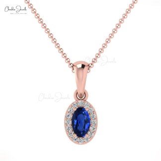 Solid 14k Gold Dangle Pendant in 0.064Ct Blue Sapphire And Diamond Necklace For Her