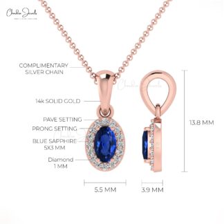 Solid 14k Gold Dangle Pendant in 0.064Ct Blue Sapphire And Diamond Necklace For Her