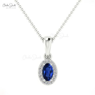 Solid 14k Gold Dangle Pendant in 0.064Ct Blue Sapphire And Diamond Necklace For Her