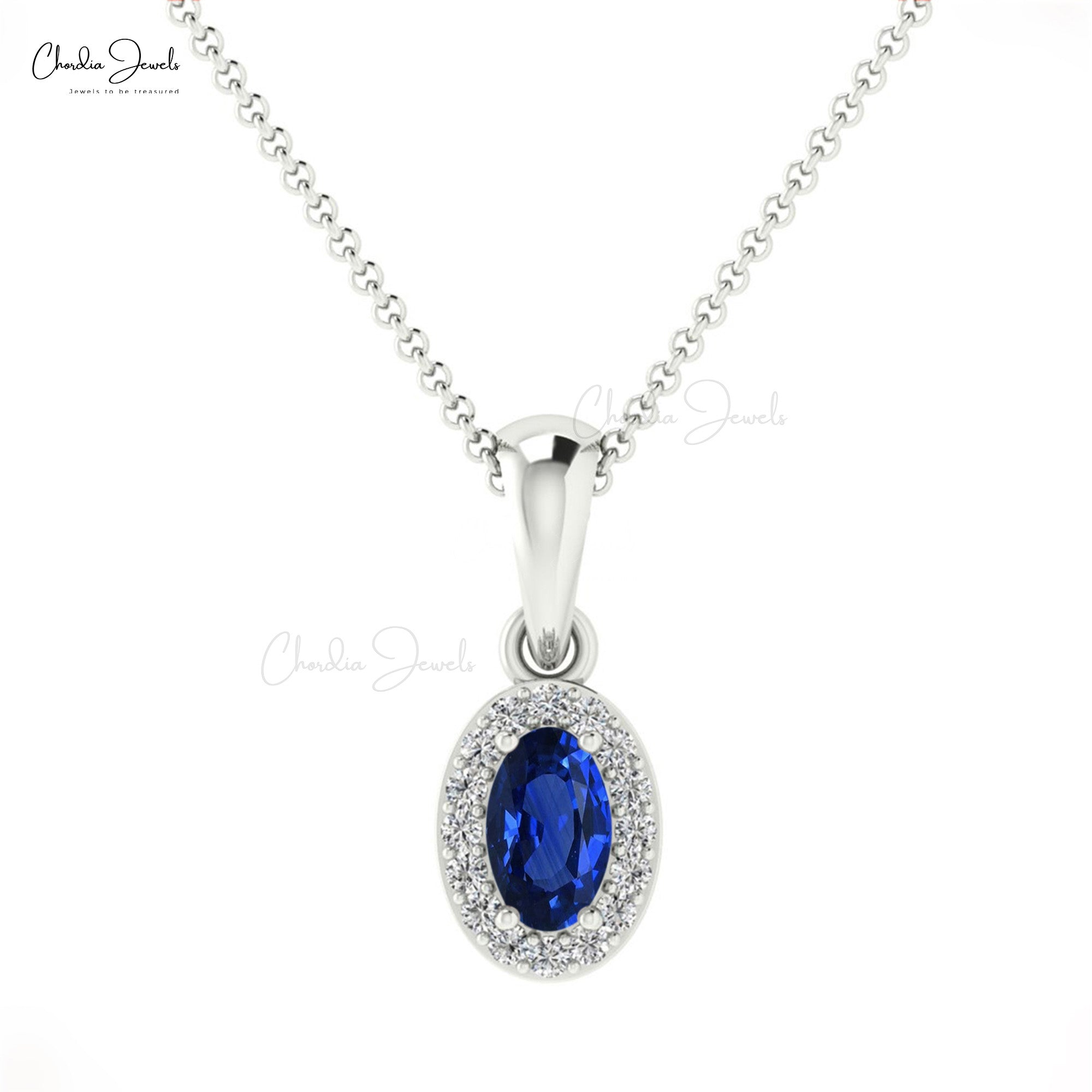 Solid 14k Gold Dangle Pendant in 0.064Ct Blue Sapphire And Diamond Necklace For Her