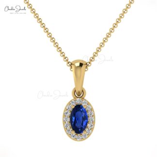 Solid 14k Gold Dangle Pendant in 0.064Ct Blue Sapphire And Diamond Necklace For Her
