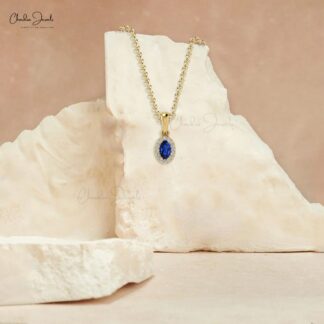 Solid 14k Gold Dangle Pendant in 0.064Ct Blue Sapphire And Diamond Necklace For Her