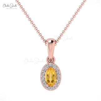 AAA Citrine 5x3mm Gemstone And Diamond Halo Pendant In 14k Solid Gold Fine Jewelry