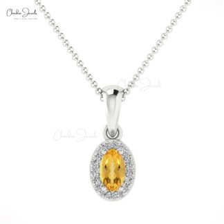 AAA Citrine 5x3mm Gemstone And Diamond Halo Pendant In 14k Solid Gold Fine Jewelry