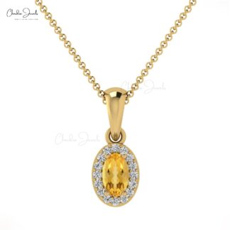 AAA Citrine 5x3mm Gemstone And Diamond Halo Pendant In 14k Solid Gold Fine Jewelry