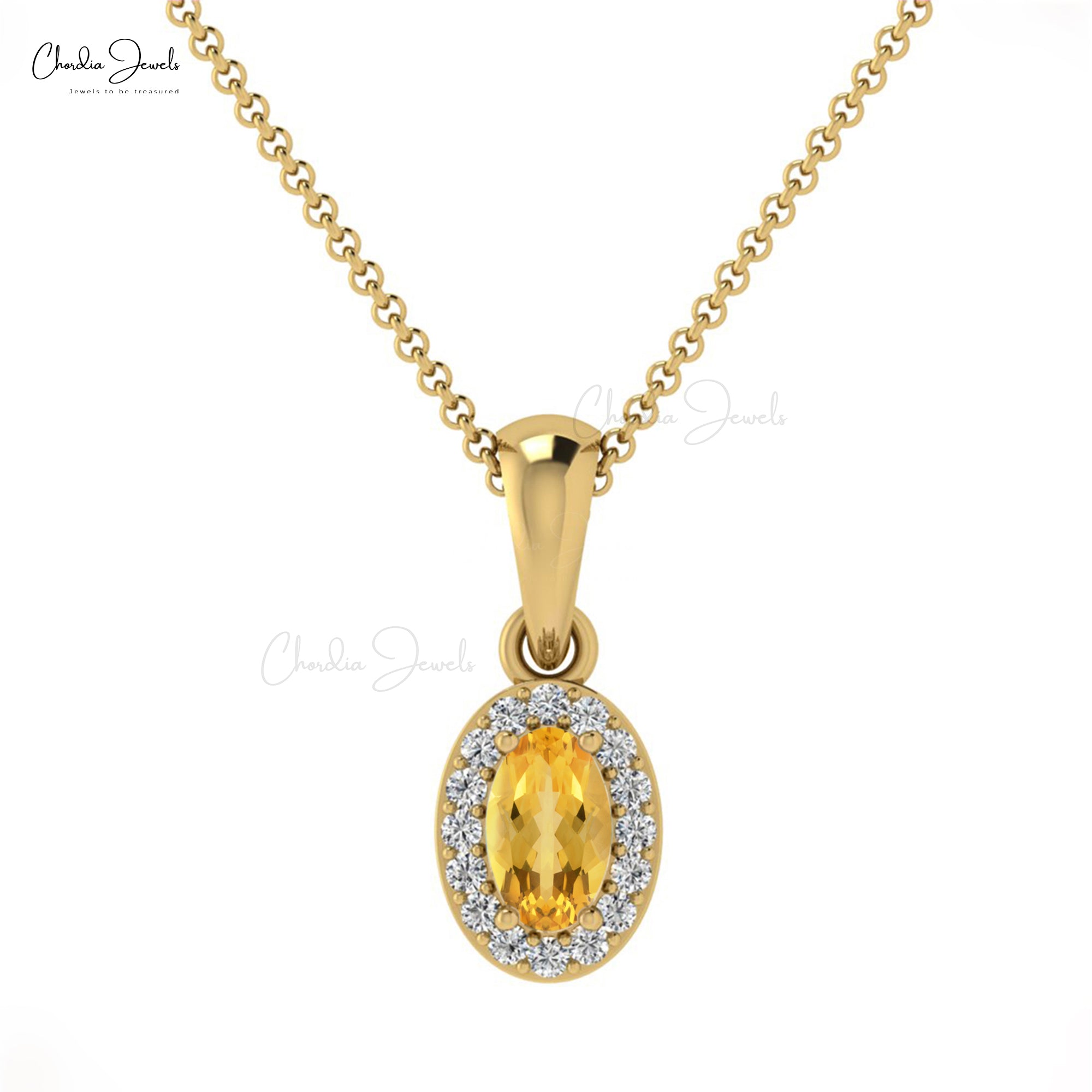 AAA Citrine 5x3mm Gemstone And Diamond Halo Pendant In 14k Solid Gold Fine Jewelry