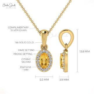 AAA Citrine 5x3mm Gemstone And Diamond Halo Pendant In 14k Solid Gold Fine Jewelry