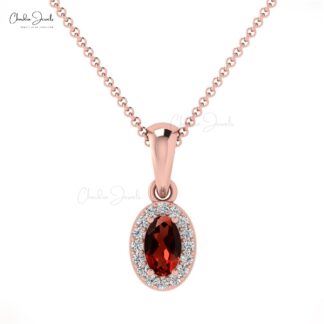 Halo Gemstone Pendant in 14k Real Gold Red Garnet ANd Diamond Hallmark Pendant