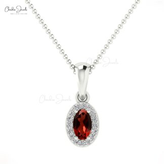 Halo Gemstone Pendant in 14k Real Gold Red Garnet ANd Diamond Hallmark Pendant