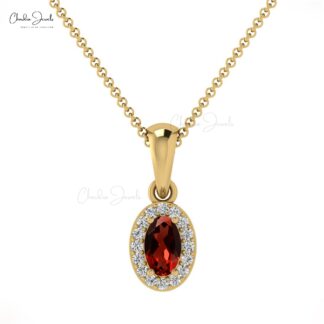 Halo Gemstone Pendant in 14k Real Gold Red Garnet ANd Diamond Hallmark Pendant