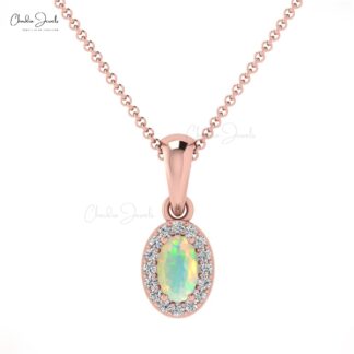 Precious Opal Gemstone 14K Gold Round Diamond Halo Pendant
