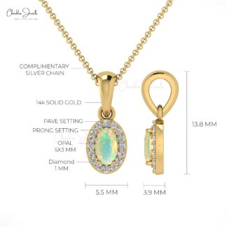 Precious Opal Gemstone 14K Gold Round Diamond Halo Pendant
