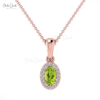 Dual Birthstone Charm In Solid 14k Gold Peridot And Dainty Diamond Halo Pendant