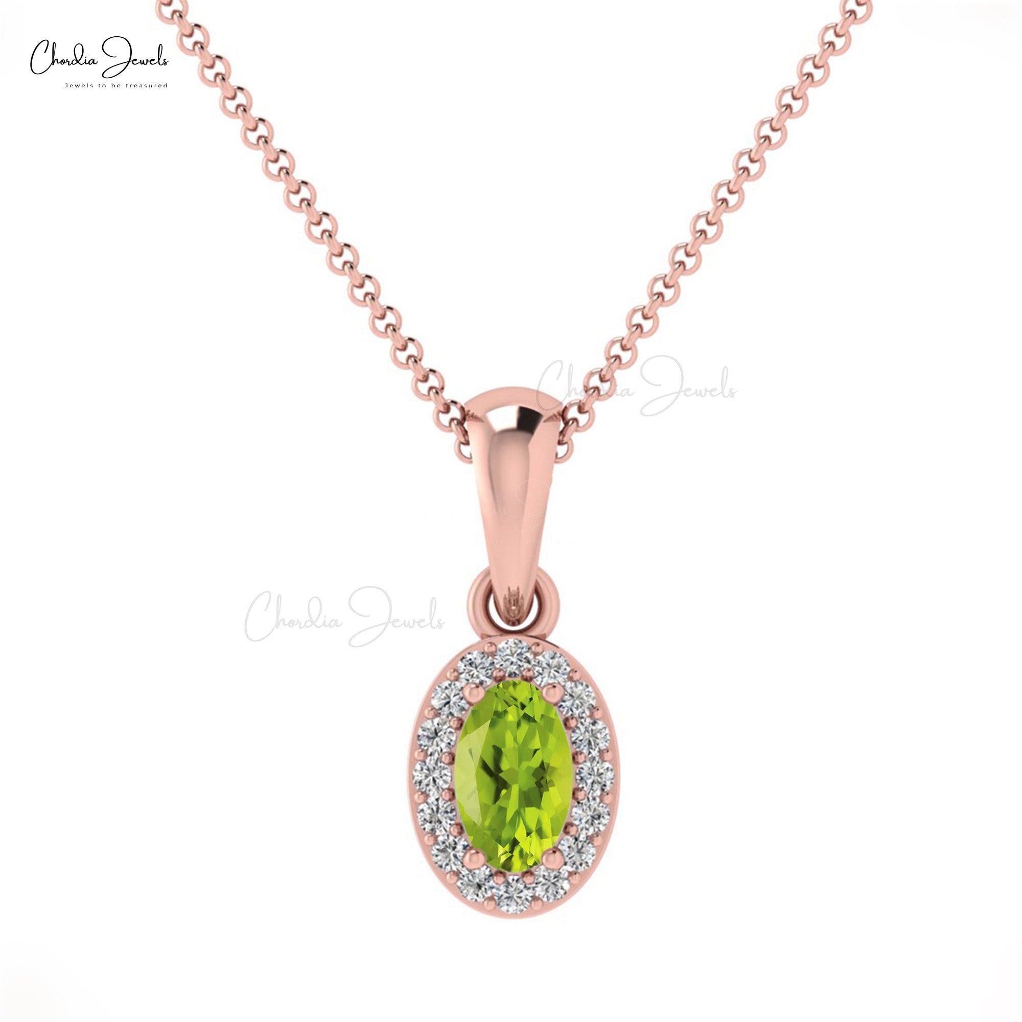 Dual Birthstone Charm In Solid 14k Gold Peridot And Dainty Diamond Halo Pendant