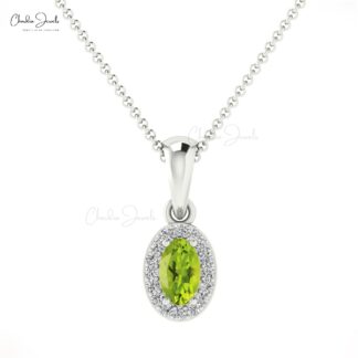 Dual Birthstone Charm In Solid 14k Gold Peridot And Dainty Diamond Halo Pendant