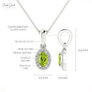 Dual Birthstone Charm In Solid 14k Gold Peridot And Dainty Diamond Halo Pendant