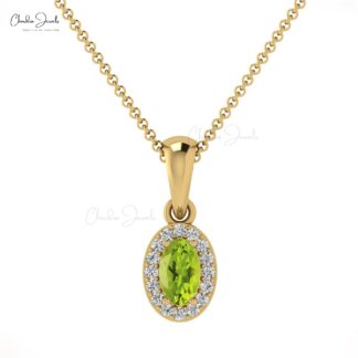 Dual Birthstone Charm In Solid 14k Gold Peridot And Dainty Diamond Halo Pendant