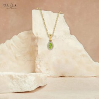 Dual Birthstone Charm In Solid 14k Gold Peridot And Dainty Diamond Halo Pendant