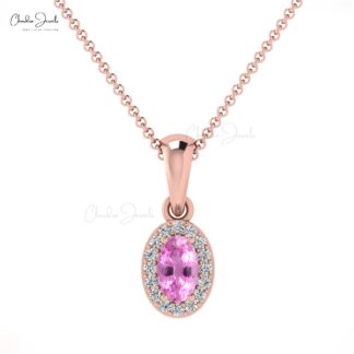 Pure 14k Gold Halo Charm With 5x3mm Pink Sapphire Diamond Dangle Pendant
