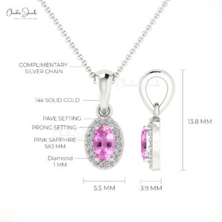 Pure 14k Gold Halo Charm With 5x3mm Pink Sapphire Diamond Dangle Pendant