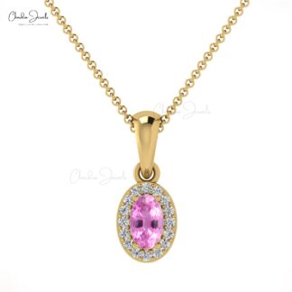 Pure 14k Gold Halo Charm With 5x3mm Pink Sapphire Diamond Dangle Pendant