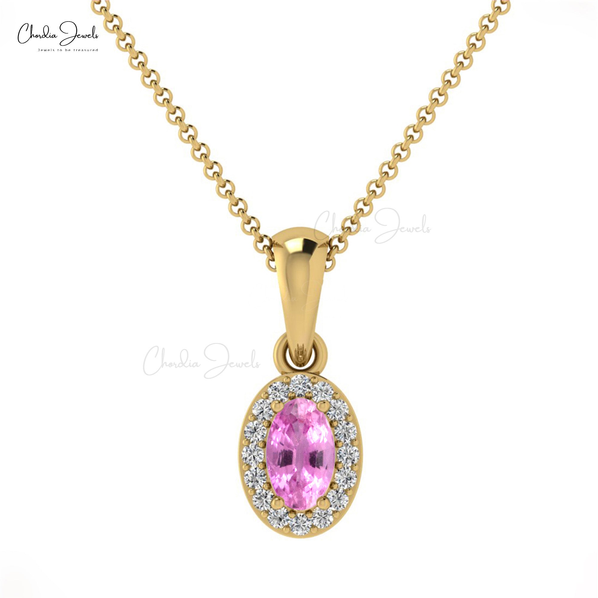 Pure 14k Gold Halo Charm With 5x3mm Pink Sapphire Diamond Dangle Pendant