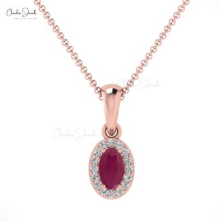 Halo Diamond Pendant in 14k Solid Gold Ruby 5x3mm Gemstone Minimal Pendants