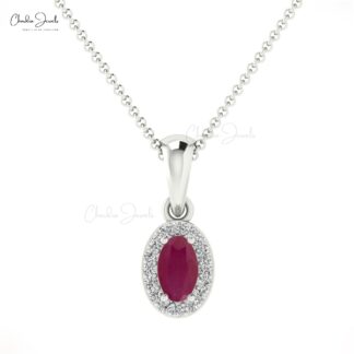 Halo Diamond Pendant in 14k Solid Gold Ruby 5x3mm Gemstone Minimal Pendants