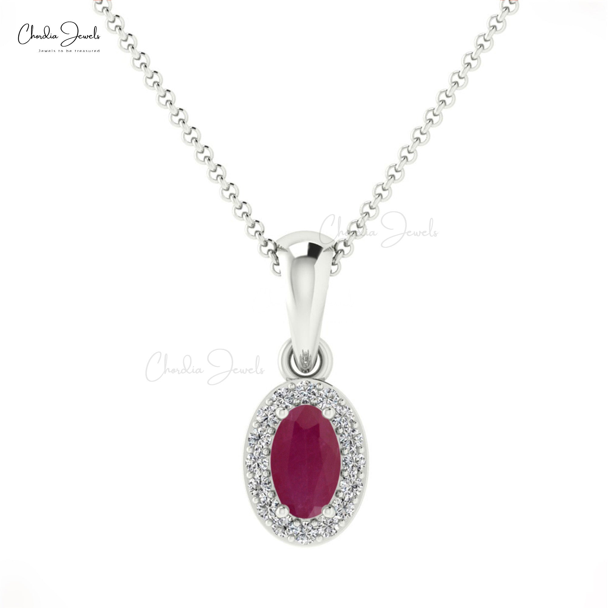 Halo Diamond Pendant in 14k Solid Gold Ruby 5x3mm Gemstone Minimal Pendants