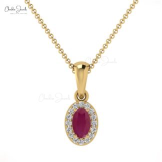 Halo Diamond Pendant in 14k Solid Gold Ruby 5x3mm Gemstone Minimal Pendants