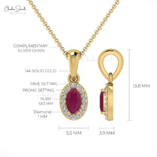Halo Diamond Pendant in 14k Solid Gold Ruby 5x3mm Gemstone Minimal Pendants