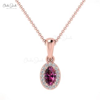 Rhodolite Garnet and Diamond Halo Pendant in 14K Gold Women Necklace