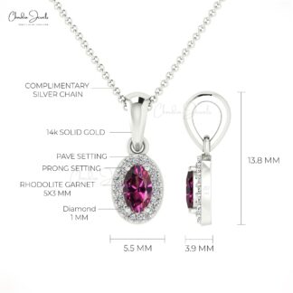 Rhodolite Garnet and Diamond Halo Pendant in 14K Gold Women Necklace