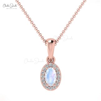 Oval Cut Dangle Pendant in 14k Real Gold Moonstone And Diamond Halo Necklace
