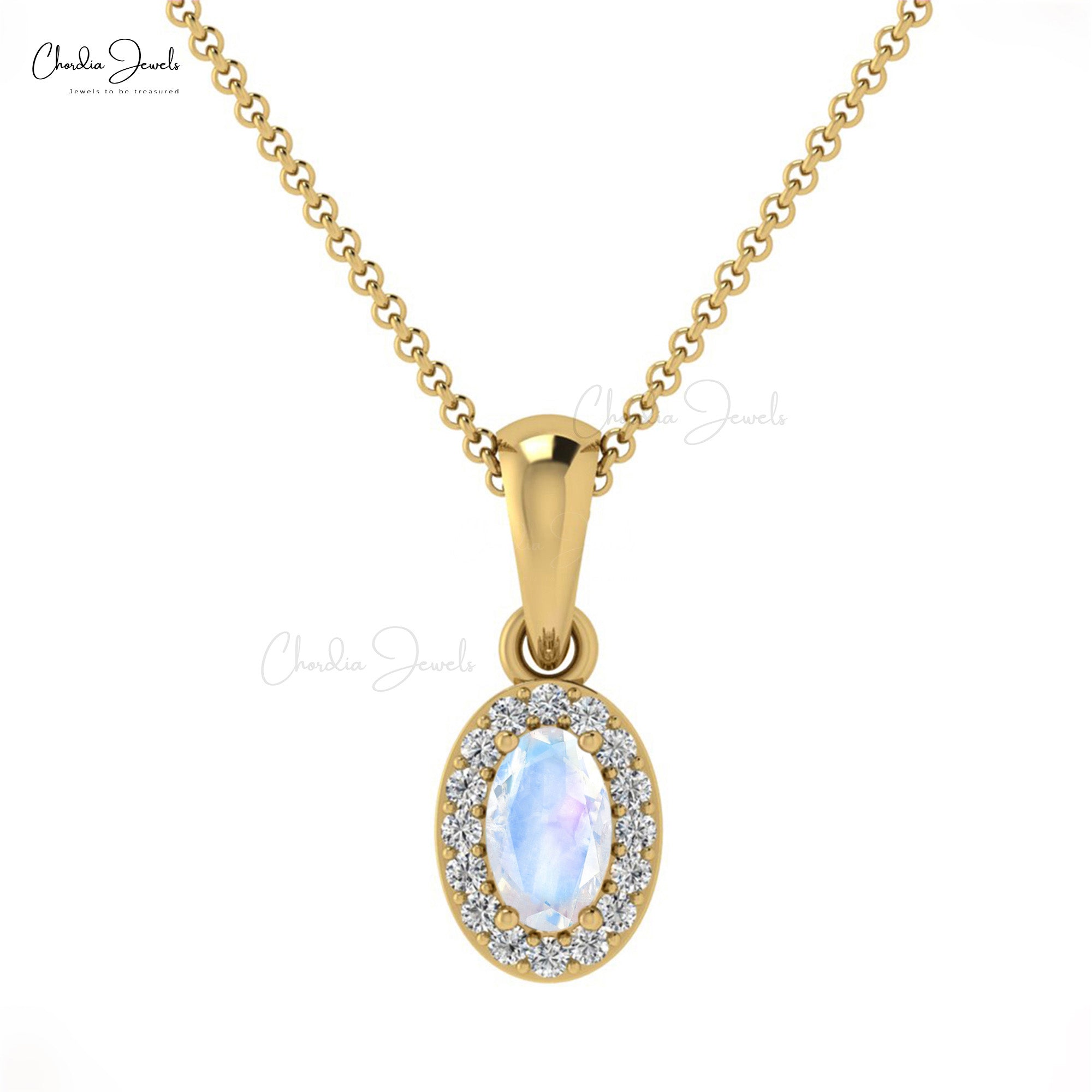 Oval Cut Dangle Pendant in 14k Real Gold Moonstone And Diamond Halo Necklace