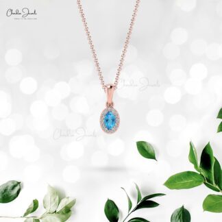 AAA Swiss Blue Topaz & Diamond Halo 14K Gold Pendant Necklace