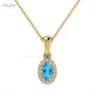 AAA Swiss Blue Topaz & Diamond Halo 14K Gold Pendant Necklace