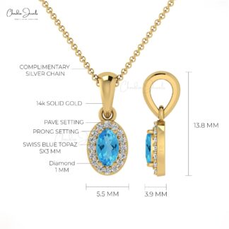 AAA Swiss Blue Topaz & Diamond Halo 14K Gold Pendant Necklace